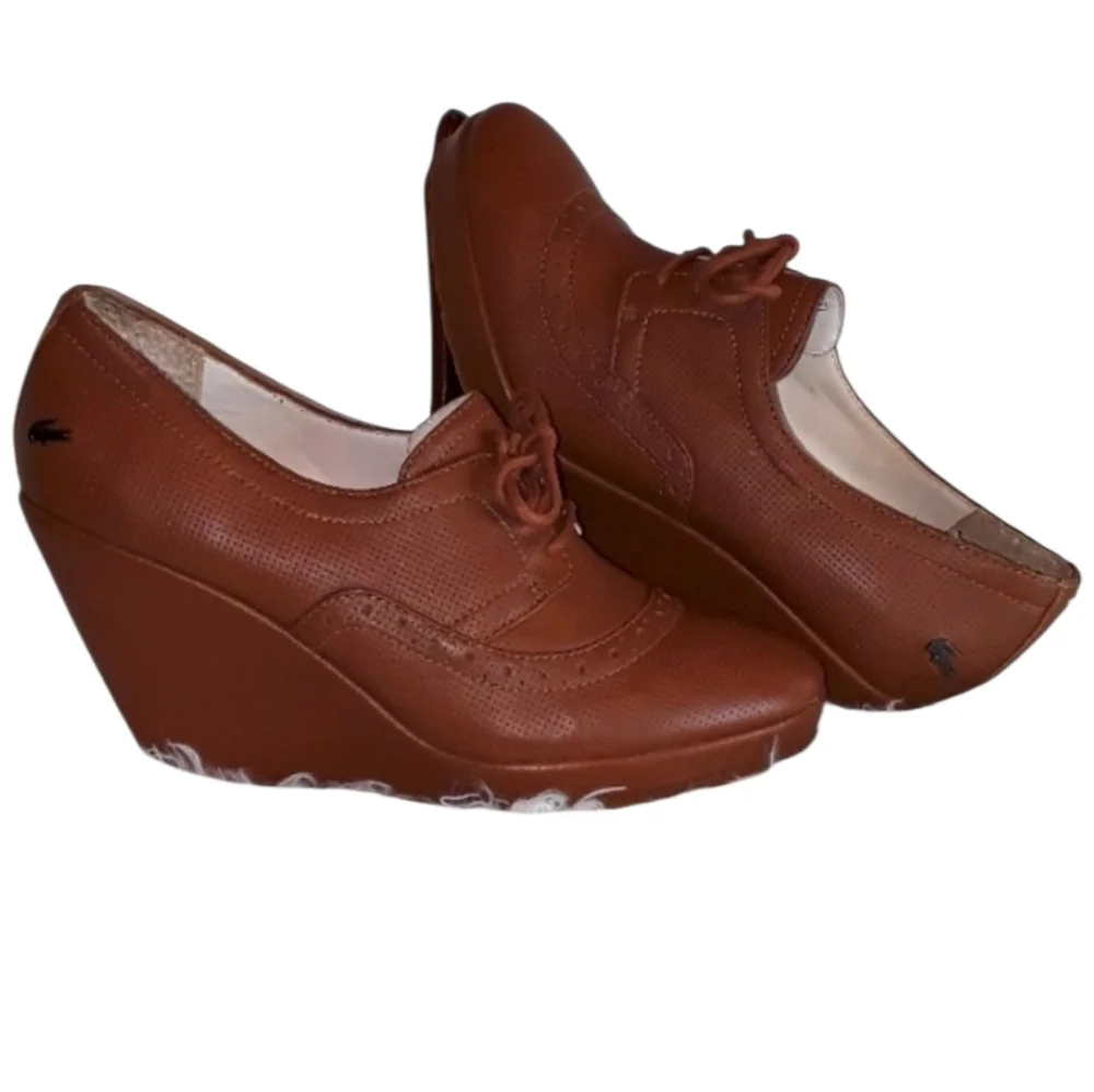 🐊Lacoste Paris Brown Leather Wedge Shoes. Women's Size: 7.5